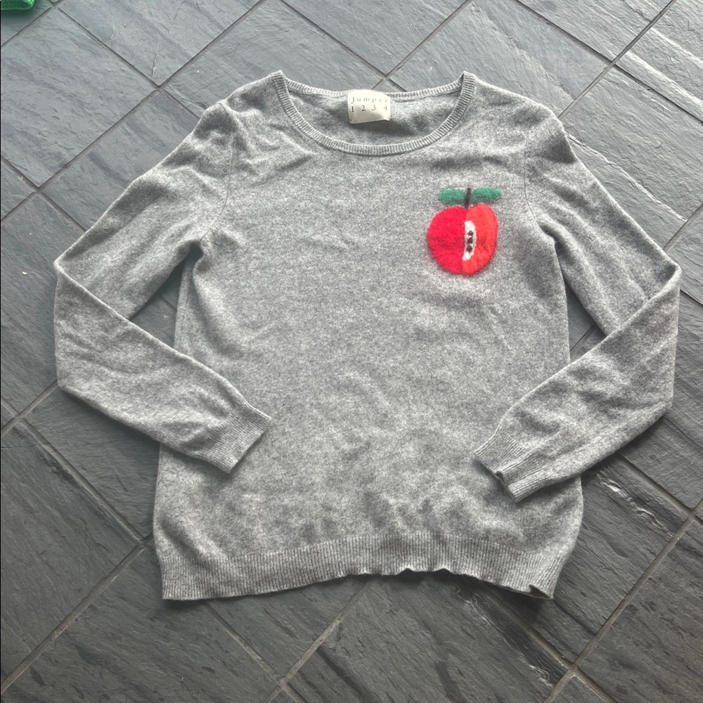 Jumper1234 Gray CashmereSweater with Red Apple Design size 3 or Medium - Picture 2 of 5